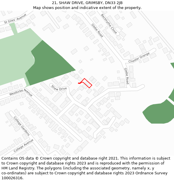 21, SHAW DRIVE, GRIMSBY, DN33 2JB: Location map and indicative extent of plot