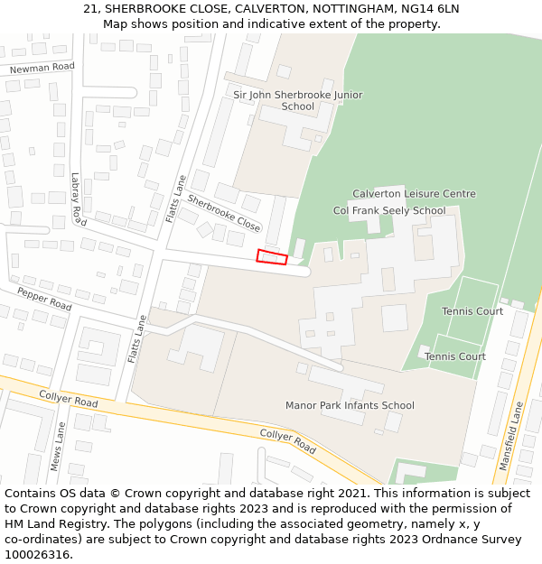 21, SHERBROOKE CLOSE, CALVERTON, NOTTINGHAM, NG14 6LN: Location map and indicative extent of plot