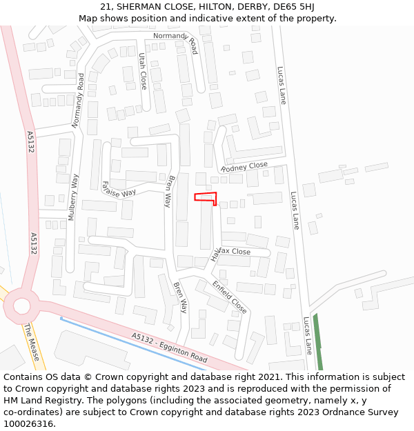 21, SHERMAN CLOSE, HILTON, DERBY, DE65 5HJ: Location map and indicative extent of plot