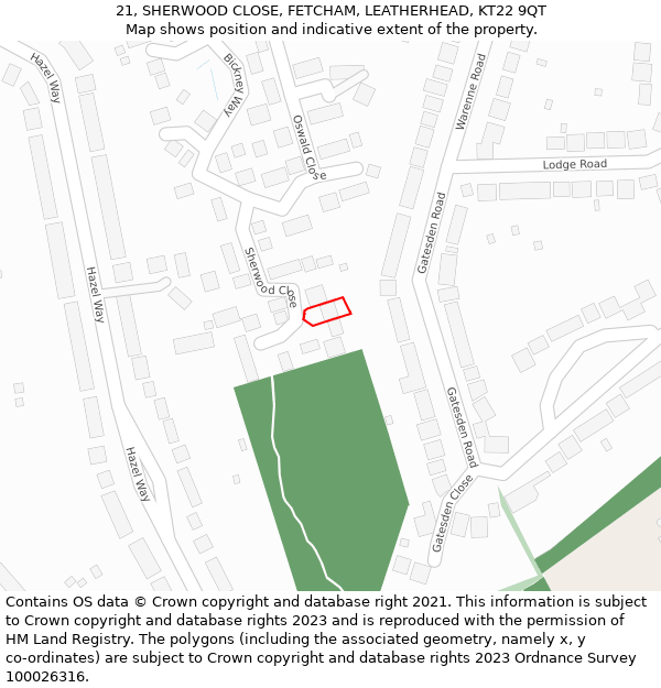 21, SHERWOOD CLOSE, FETCHAM, LEATHERHEAD, KT22 9QT: Location map and indicative extent of plot