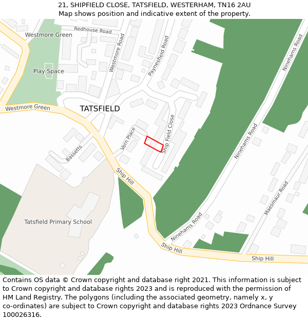 21, SHIPFIELD CLOSE, TATSFIELD, WESTERHAM, TN16 2AU: Location map and indicative extent of plot