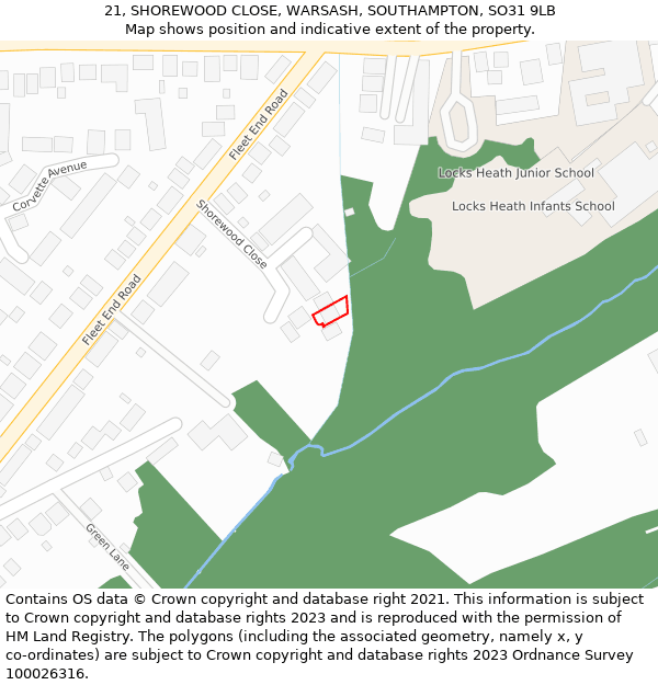 21, SHOREWOOD CLOSE, WARSASH, SOUTHAMPTON, SO31 9LB: Location map and indicative extent of plot