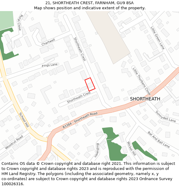 21, SHORTHEATH CREST, FARNHAM, GU9 8SA: Location map and indicative extent of plot