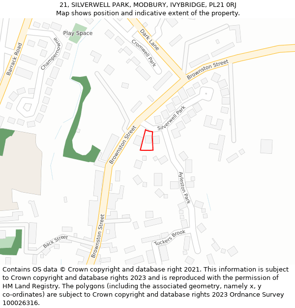 21, SILVERWELL PARK, MODBURY, IVYBRIDGE, PL21 0RJ: Location map and indicative extent of plot