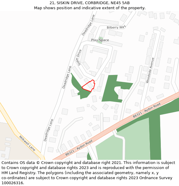 21, SISKIN DRIVE, CORBRIDGE, NE45 5AB: Location map and indicative extent of plot