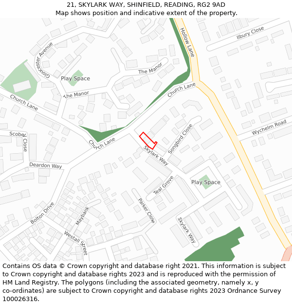 21, SKYLARK WAY, SHINFIELD, READING, RG2 9AD: Location map and indicative extent of plot