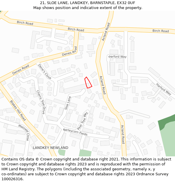 21, SLOE LANE, LANDKEY, BARNSTAPLE, EX32 0UF: Location map and indicative extent of plot