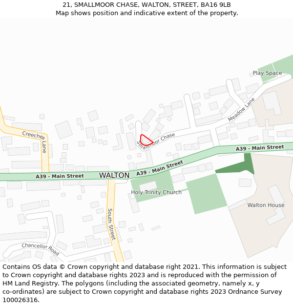 21, SMALLMOOR CHASE, WALTON, STREET, BA16 9LB: Location map and indicative extent of plot