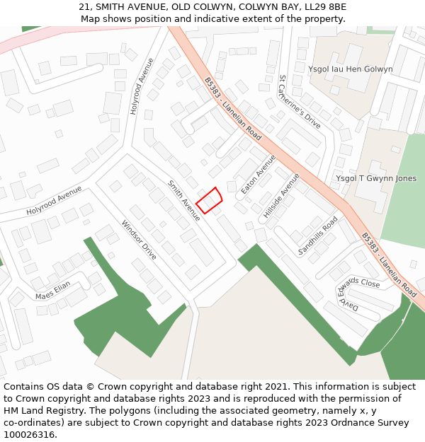 21, SMITH AVENUE, OLD COLWYN, COLWYN BAY, LL29 8BE: Location map and indicative extent of plot