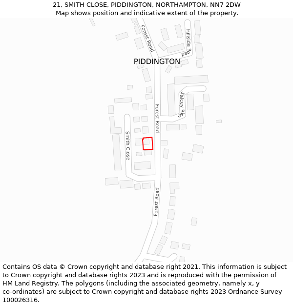 21, SMITH CLOSE, PIDDINGTON, NORTHAMPTON, NN7 2DW: Location map and indicative extent of plot