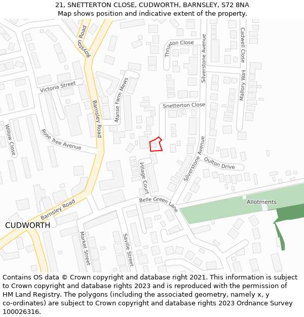 21, SNETTERTON CLOSE, CUDWORTH, BARNSLEY, S72 8NA: Location map and indicative extent of plot