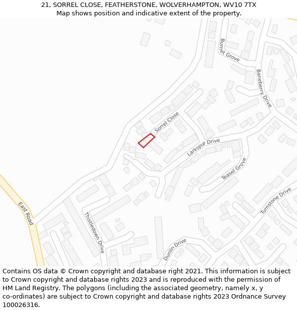 21, SORREL CLOSE, FEATHERSTONE, WOLVERHAMPTON, WV10 7TX: Location map and indicative extent of plot