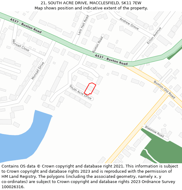 21, SOUTH ACRE DRIVE, MACCLESFIELD, SK11 7EW: Location map and indicative extent of plot