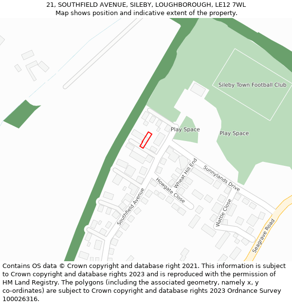 21, SOUTHFIELD AVENUE, SILEBY, LOUGHBOROUGH, LE12 7WL: Location map and indicative extent of plot