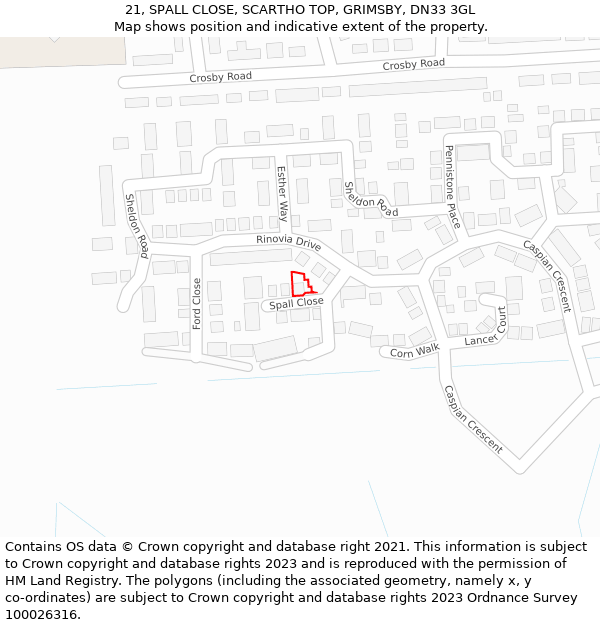 21, SPALL CLOSE, SCARTHO TOP, GRIMSBY, DN33 3GL: Location map and indicative extent of plot