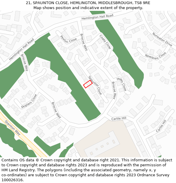 21, SPAUNTON CLOSE, HEMLINGTON, MIDDLESBROUGH, TS8 9RE: Location map and indicative extent of plot