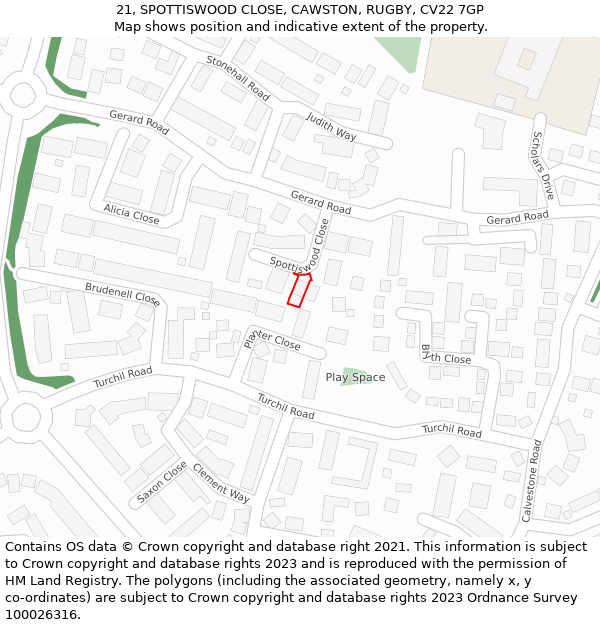 21, SPOTTISWOOD CLOSE, CAWSTON, RUGBY, CV22 7GP: Location map and indicative extent of plot