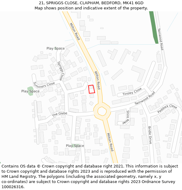 21, SPRIGGS CLOSE, CLAPHAM, BEDFORD, MK41 6GD: Location map and indicative extent of plot