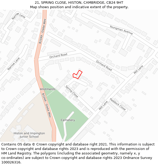 21, SPRING CLOSE, HISTON, CAMBRIDGE, CB24 9HT: Location map and indicative extent of plot