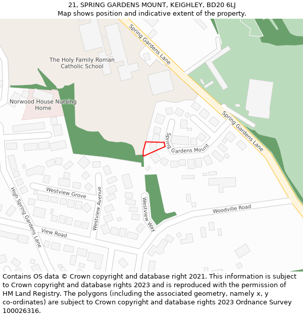 21, SPRING GARDENS MOUNT, KEIGHLEY, BD20 6LJ: Location map and indicative extent of plot