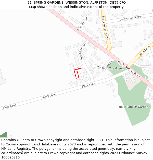 21, SPRING GARDENS, WESSINGTON, ALFRETON, DE55 6FQ: Location map and indicative extent of plot