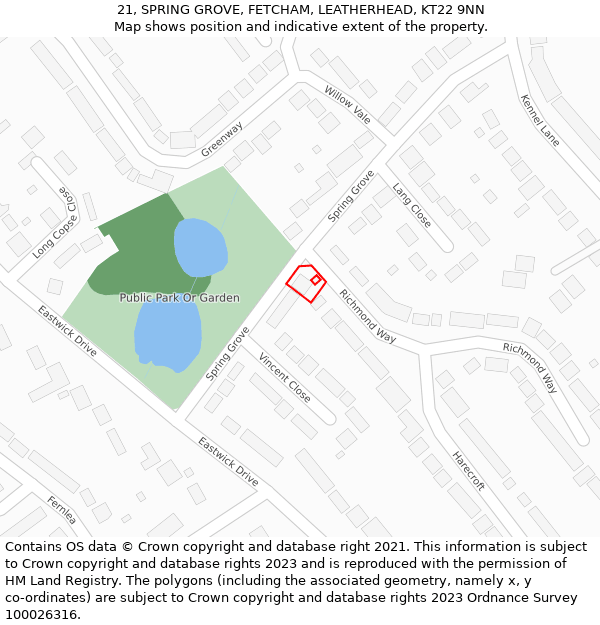 21, SPRING GROVE, FETCHAM, LEATHERHEAD, KT22 9NN: Location map and indicative extent of plot