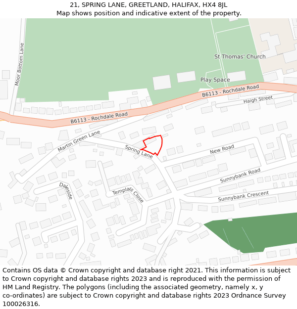 21, SPRING LANE, GREETLAND, HALIFAX, HX4 8JL: Location map and indicative extent of plot