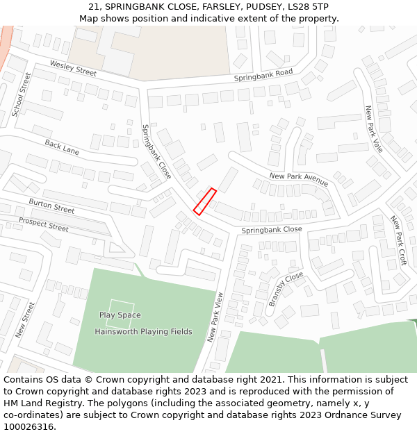 21, SPRINGBANK CLOSE, FARSLEY, PUDSEY, LS28 5TP: Location map and indicative extent of plot