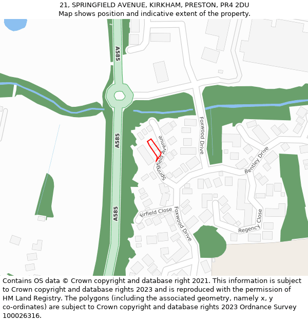21, SPRINGFIELD AVENUE, KIRKHAM, PRESTON, PR4 2DU: Location map and indicative extent of plot