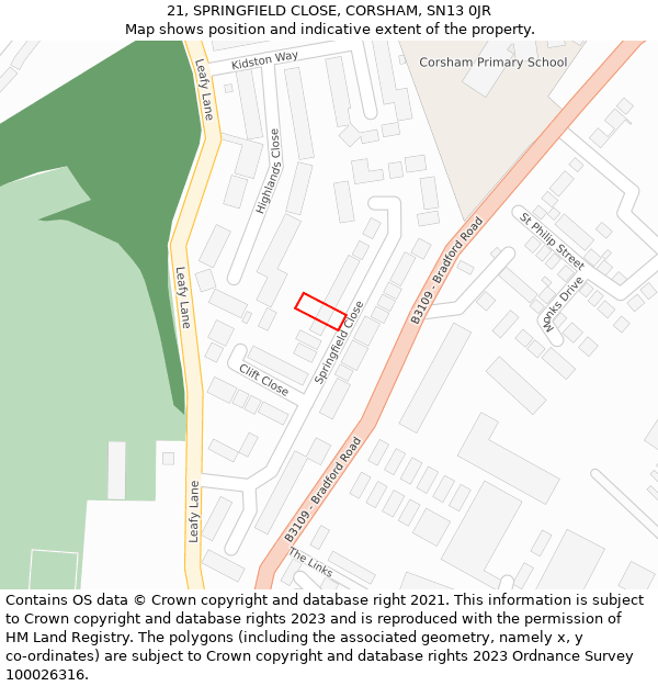 21, SPRINGFIELD CLOSE, CORSHAM, SN13 0JR: Location map and indicative extent of plot