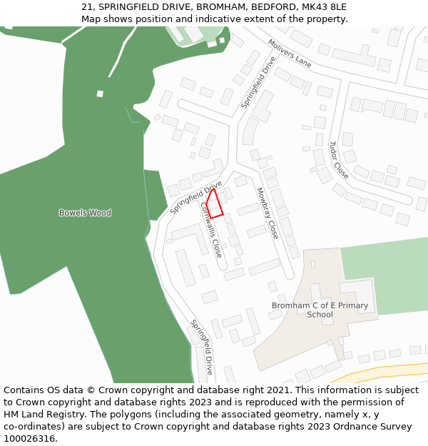 21, SPRINGFIELD DRIVE, BROMHAM, BEDFORD, MK43 8LE: Location map and indicative extent of plot