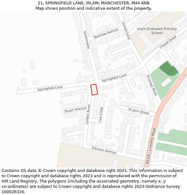 21, SPRINGFIELD LANE, IRLAM, MANCHESTER, M44 6NB: Location map and indicative extent of plot