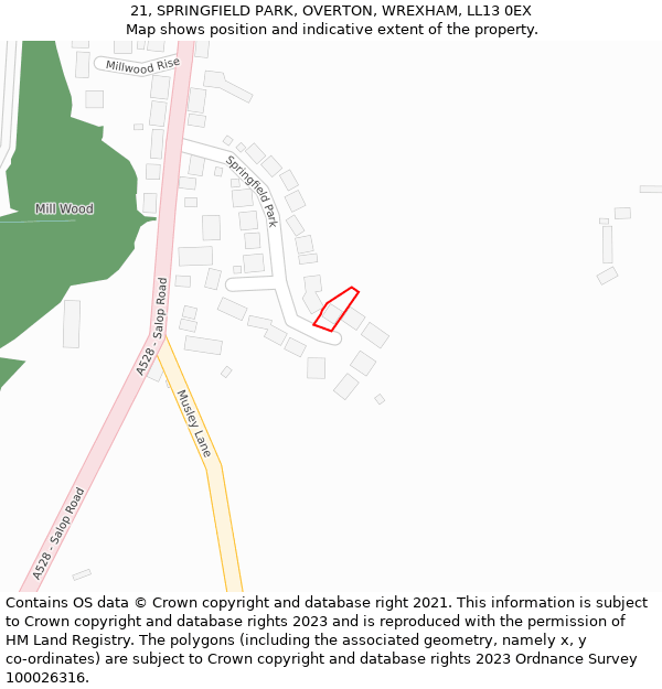 21, SPRINGFIELD PARK, OVERTON, WREXHAM, LL13 0EX: Location map and indicative extent of plot