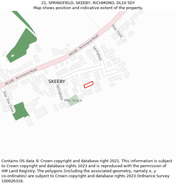 21, SPRINGFIELD, SKEEBY, RICHMOND, DL10 5DY: Location map and indicative extent of plot