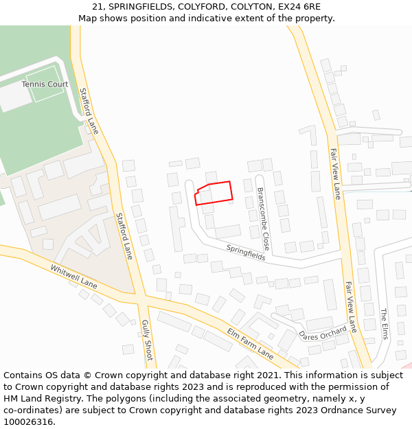 21, SPRINGFIELDS, COLYFORD, COLYTON, EX24 6RE: Location map and indicative extent of plot