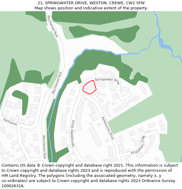 21, SPRINGWATER DRIVE, WESTON, CREWE, CW2 5FW: Location map and indicative extent of plot