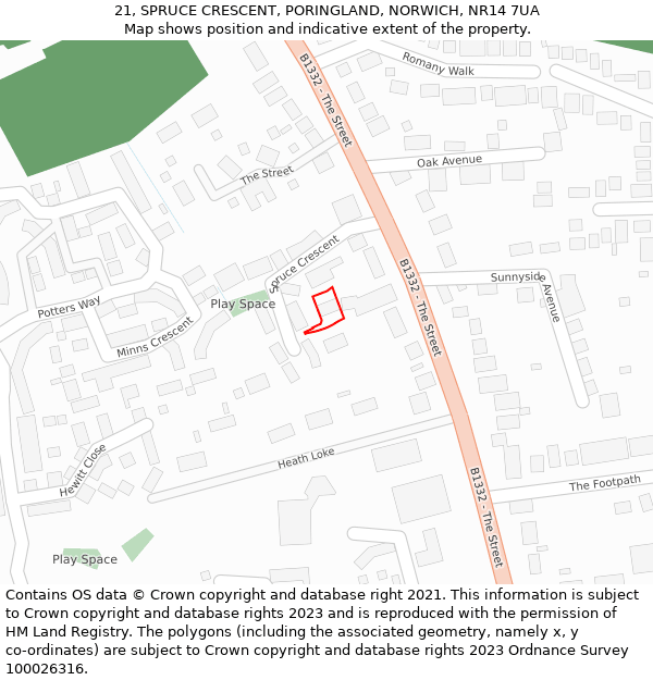 21, SPRUCE CRESCENT, PORINGLAND, NORWICH, NR14 7UA: Location map and indicative extent of plot