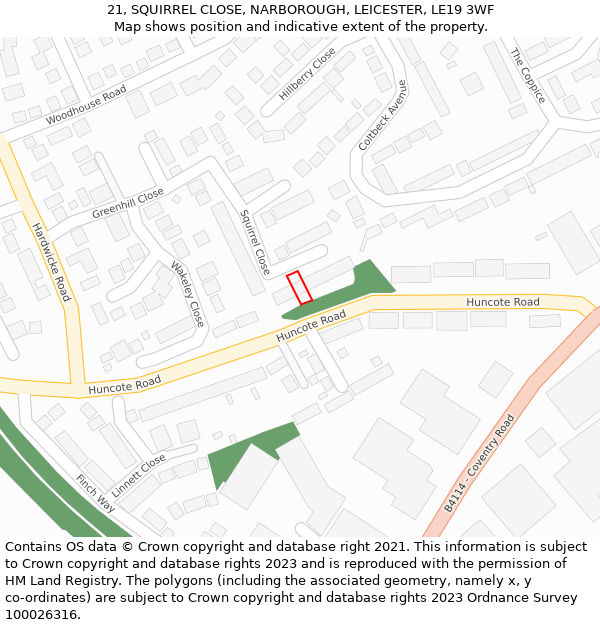 21, SQUIRREL CLOSE, NARBOROUGH, LEICESTER, LE19 3WF: Location map and indicative extent of plot