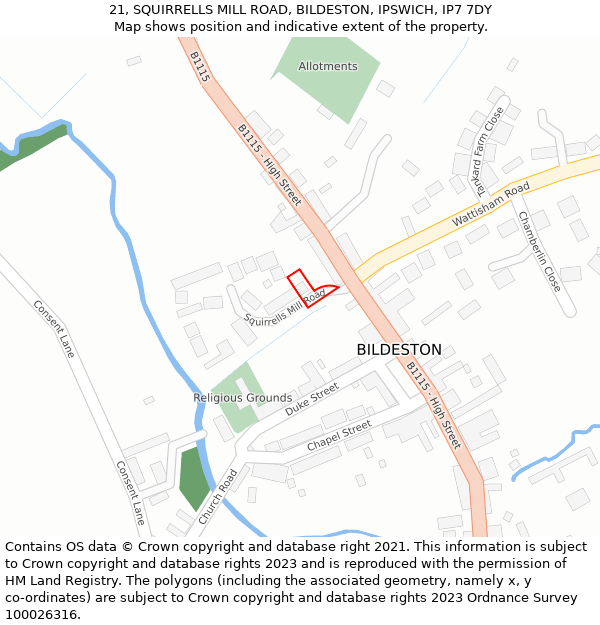 21, SQUIRRELLS MILL ROAD, BILDESTON, IPSWICH, IP7 7DY: Location map and indicative extent of plot