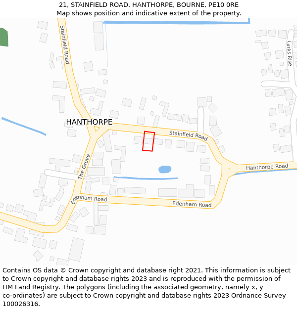 21, STAINFIELD ROAD, HANTHORPE, BOURNE, PE10 0RE: Location map and indicative extent of plot