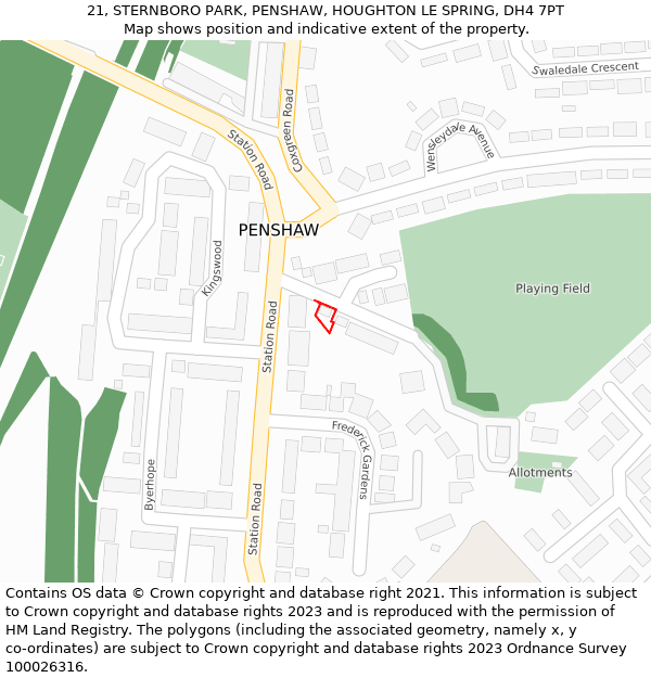 21, STERNBORO PARK, PENSHAW, HOUGHTON LE SPRING, DH4 7PT: Location map and indicative extent of plot