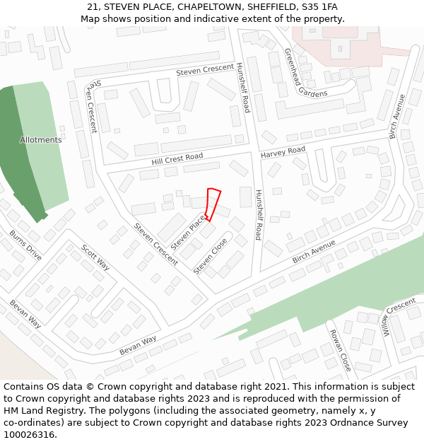 21, STEVEN PLACE, CHAPELTOWN, SHEFFIELD, S35 1FA: Location map and indicative extent of plot