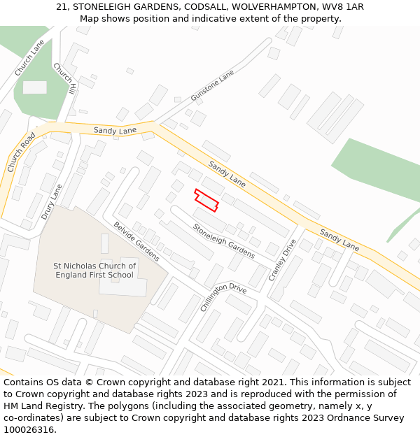 21, STONELEIGH GARDENS, CODSALL, WOLVERHAMPTON, WV8 1AR: Location map and indicative extent of plot