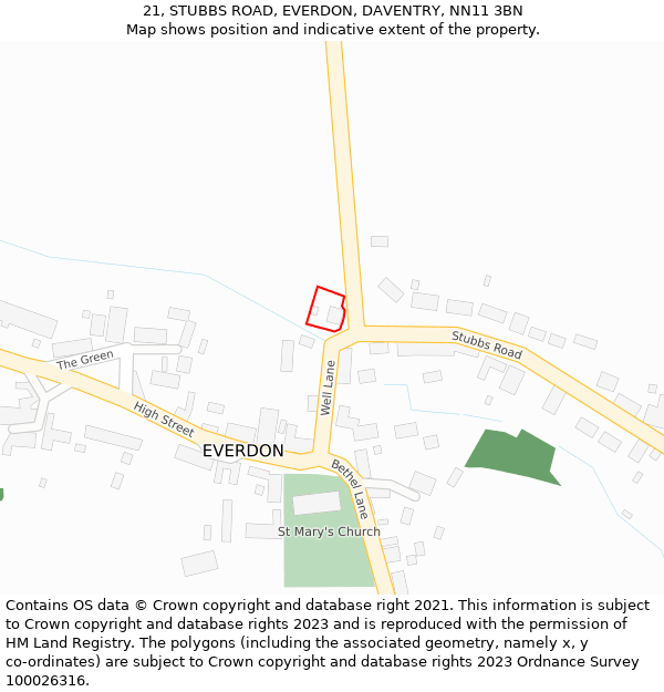 21, STUBBS ROAD, EVERDON, DAVENTRY, NN11 3BN: Location map and indicative extent of plot