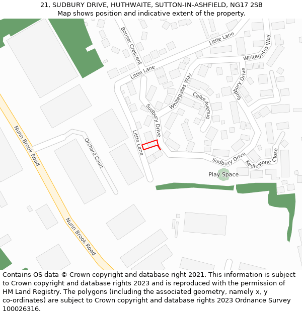 21, SUDBURY DRIVE, HUTHWAITE, SUTTON-IN-ASHFIELD, NG17 2SB: Location map and indicative extent of plot