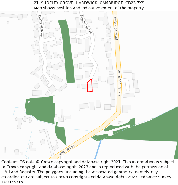 21, SUDELEY GROVE, HARDWICK, CAMBRIDGE, CB23 7XS: Location map and indicative extent of plot