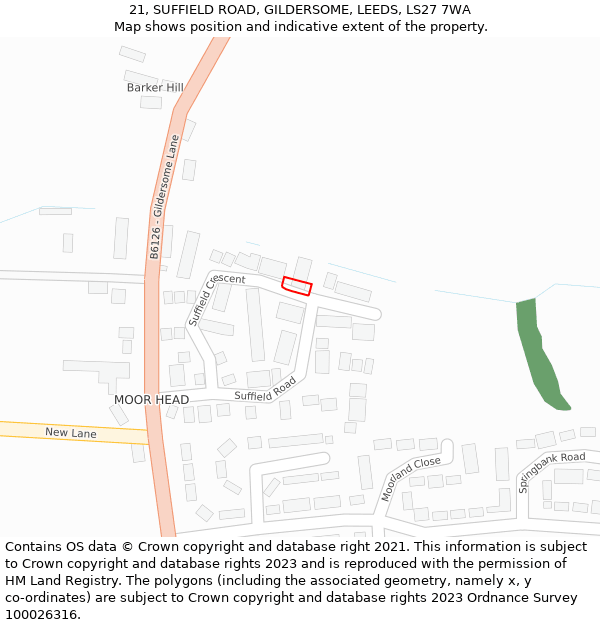 21, SUFFIELD ROAD, GILDERSOME, LEEDS, LS27 7WA: Location map and indicative extent of plot