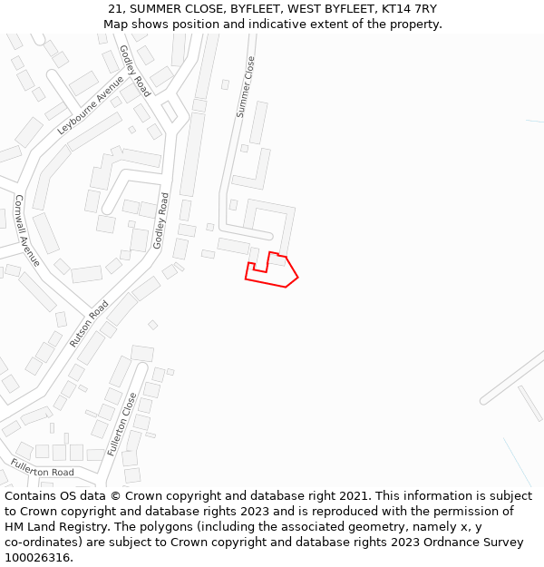 21, SUMMER CLOSE, BYFLEET, WEST BYFLEET, KT14 7RY: Location map and indicative extent of plot