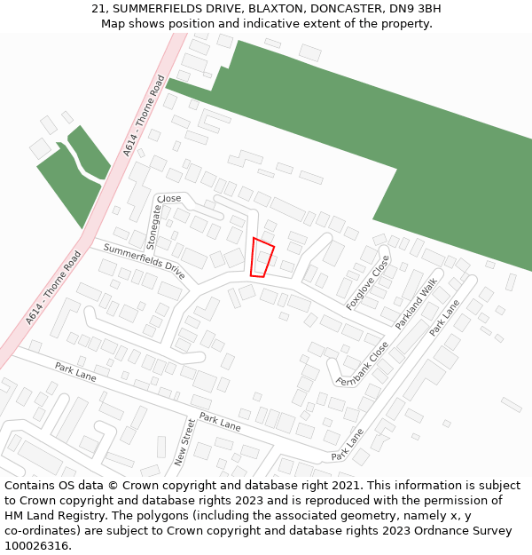 21, SUMMERFIELDS DRIVE, BLAXTON, DONCASTER, DN9 3BH: Location map and indicative extent of plot