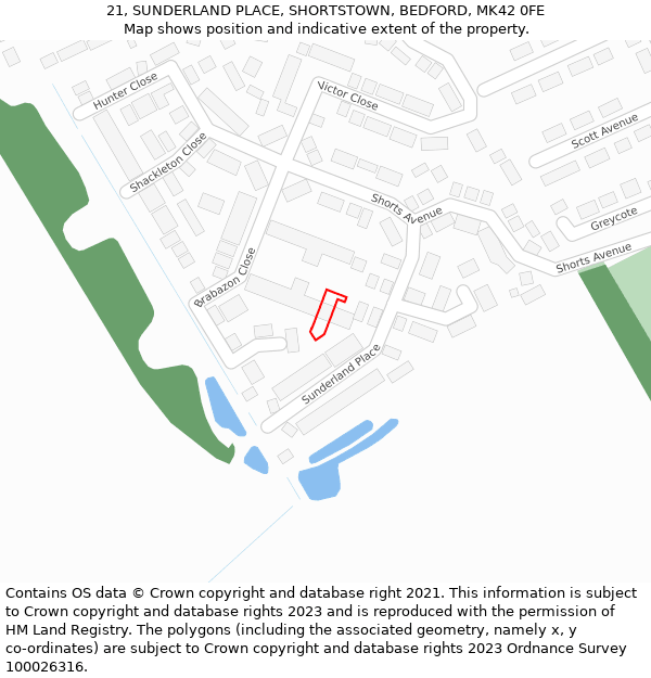 21, SUNDERLAND PLACE, SHORTSTOWN, BEDFORD, MK42 0FE: Location map and indicative extent of plot